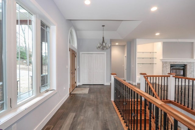 177 Wolf Hollow Rd, Lake Harmony, PA 18624 - hall with dark wood-type flooring, recessed lighting, a chandelier, and a healthy amount of sunlight