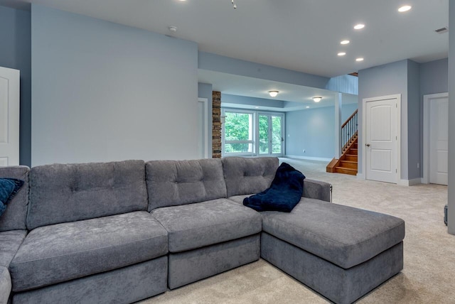 177 Wolf Hollow Rd, Lake Harmony, PA 18624 - living room with recessed lighting, carpet floors, baseboards, and stairway