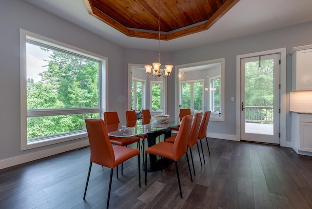 177 Wolf Hollow Rd, Lake Harmony, PA 18624 - dining area featuring a tray ceiling, dark wood-style flooring, baseboards, an inviting chandelier, and wood ceiling