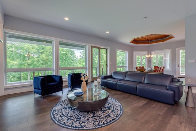 177 Wolf Hollow Rd, Lake Harmony, PA 18624 - living area featuring a chandelier, wood finished floors, and recessed lighting