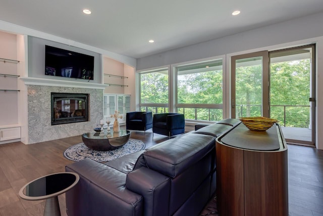 177 Wolf Hollow Rd, Lake Harmony, PA 18624 - living room featuring a fireplace, wood finished floors, and recessed lighting