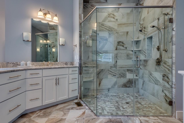 177 Wolf Hollow Rd, Lake Harmony, PA 18624 - bathroom with vanity, marble finish floor, and a shower stall