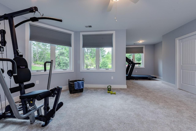 177 Wolf Hollow Rd, Lake Harmony, PA 18624 - workout area featuring a ceiling fan, baseboards, visible vents, and carpet floors