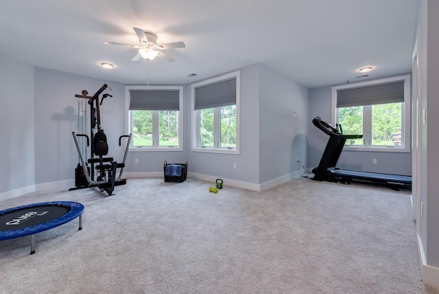 177 Wolf Hollow Rd, Lake Harmony, PA 18624 - workout room featuring baseboards, a ceiling fan, carpet flooring, and a healthy amount of sunlight
