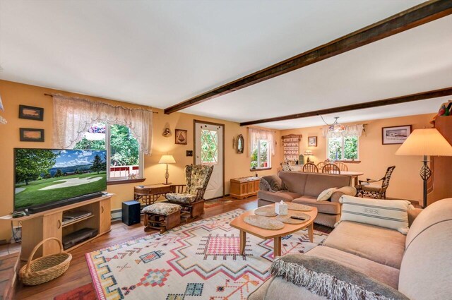 2459 Overlook Ln, Pocono Pines, PA 18350 - living room featuring wood finished floors, baseboard heating, and beam ceiling