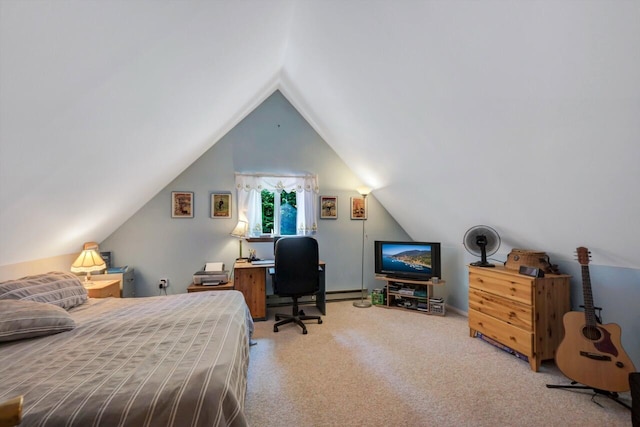 2459 Overlook Ln, Pocono Pines, PA 18350 - bedroom with carpet floors, lofted ceiling, and a baseboard radiator