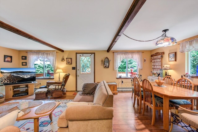 2459 Overlook Ln, Pocono Pines, PA 18350 - living area featuring wood finished floors, beam ceiling, and a baseboard heating unit