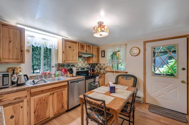 2459 Overlook Ln, Pocono Pines, PA 18350 - kitchen with stainless steel appliances, under cabinet range hood, tasteful backsplash, and light wood-style flooring