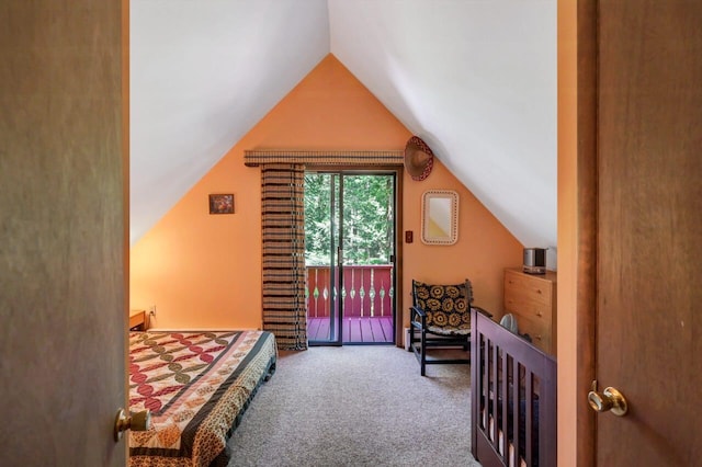 2459 Overlook Ln, Pocono Pines, PA 18350 - carpeted bedroom featuring access to exterior and vaulted ceiling