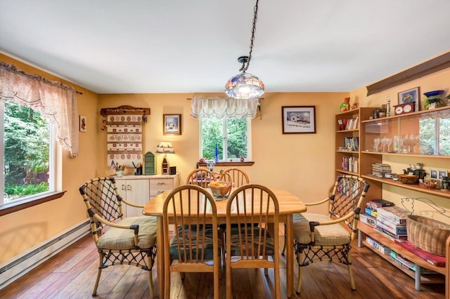 2459 Overlook Ln, Pocono Pines, PA 18350 - dining area featuring a baseboard heating unit, healthy amount of natural light, and hardwood / wood-style floors
