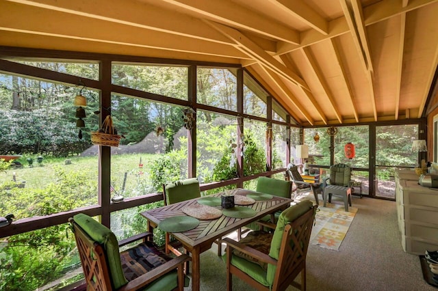 2459 Overlook Ln, Pocono Pines, PA 18350 - sunroom / solarium featuring lofted ceiling, outdoor dining area, carpet floors, and plenty of natural light