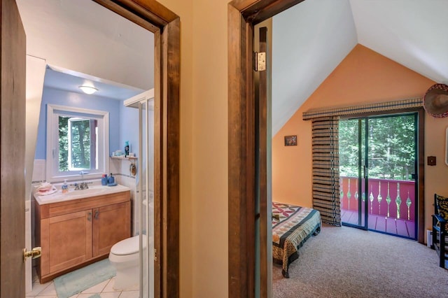 2459 Overlook Ln, Pocono Pines, PA 18350 - bedroom featuring access to exterior, multiple windows, lofted ceiling, and light colored carpet