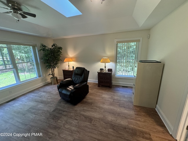 sitting room with a raised ceiling, a skylight, plenty of natural light, and dark wood-type flooring