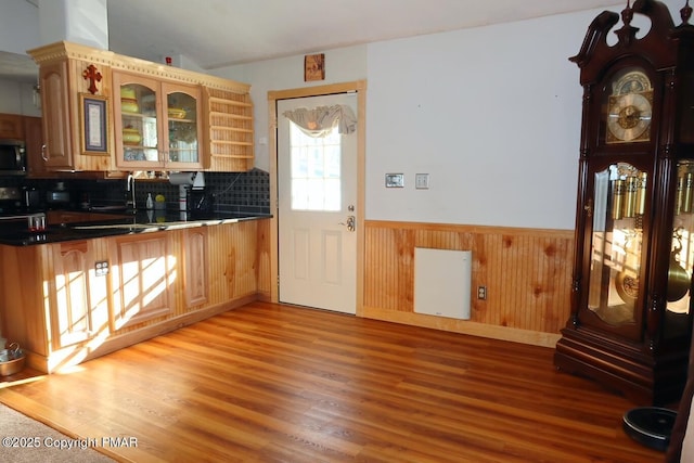 kitchen featuring light wood-style flooring, wainscoting, stainless steel microwave, dark countertops, and glass insert cabinets