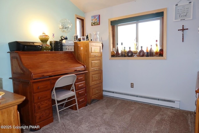 home office featuring carpet, a baseboard heating unit, and vaulted ceiling