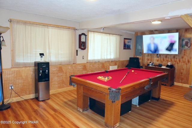 rec room with wood-type flooring, wooden walls, and billiards