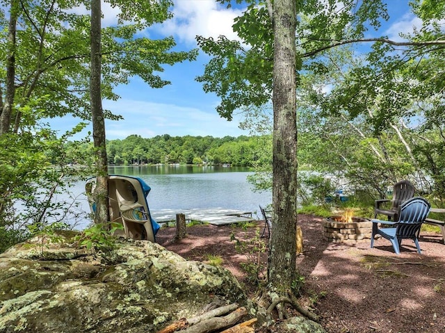 318 N Arrow Dr, Pocono Lake, PA 18347 - water view with a fire pit and a heavily wooded area