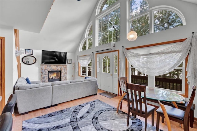 318 N Arrow Dr, Pocono Lake, PA 18347 - living room with a wall mounted air conditioner, high vaulted ceiling, a stone fireplace, and wood finished floors
