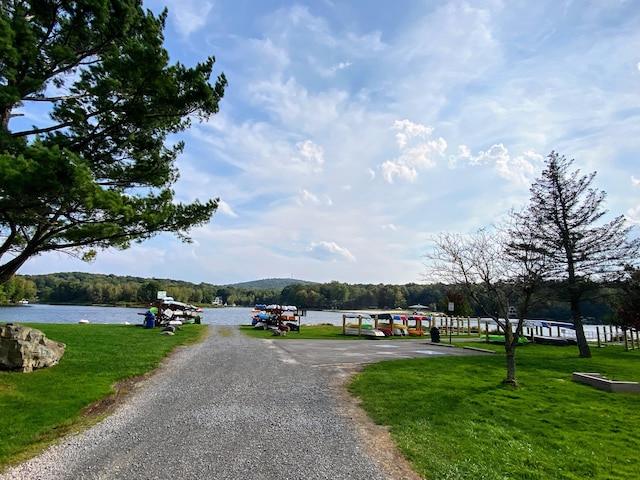 318 N Arrow Dr, Pocono Lake, PA 18347 - view of dirt / gravel driveway featuring a water view and a view of trees