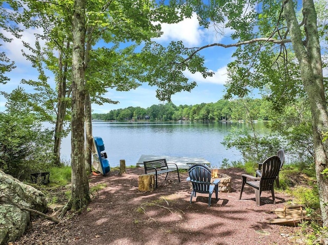 318 N Arrow Dr, Pocono Lake, PA 18347 - view of patio / terrace with a water view and a forest view