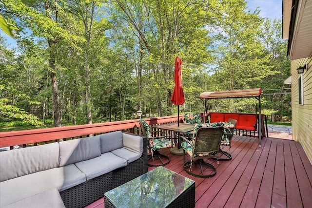 318 N Arrow Dr, Pocono Lake, PA 18347 - wooden deck featuring an outdoor living space and outdoor dining area