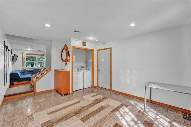318 N Arrow Dr, Pocono Lake, PA 18347 - empty room featuring washing machine and clothes dryer, granite floors, and recessed lighting