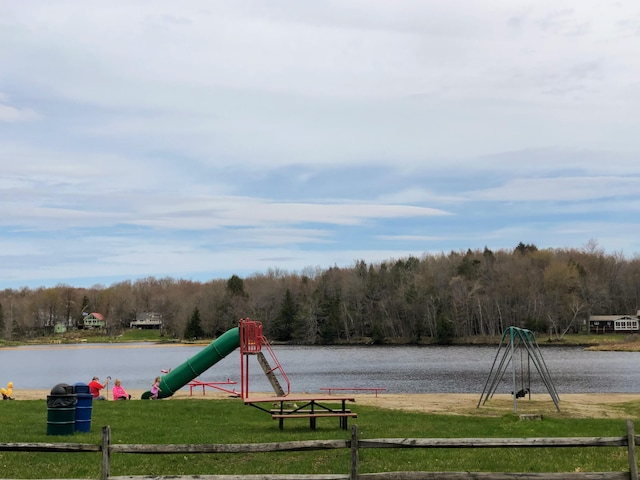 318 N Arrow Dr, Pocono Lake, PA 18347 - view of jungle gym with a forest view and a water view