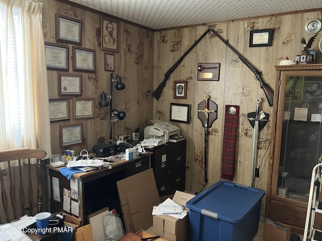 home office featuring wooden walls