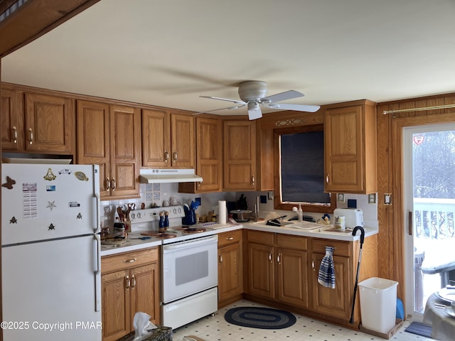 kitchen featuring white appliances, brown cabinets, under cabinet range hood, and a sink