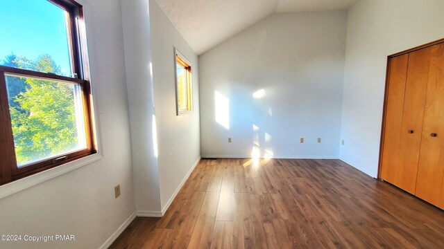 unfurnished bedroom with lofted ceiling, baseboards, and wood finished floors