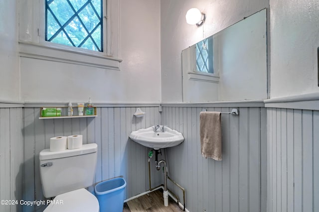 half bath with a sink, toilet, wood finished floors, and wainscoting