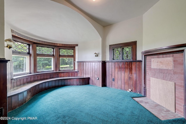 carpeted empty room with wainscoting and wood walls