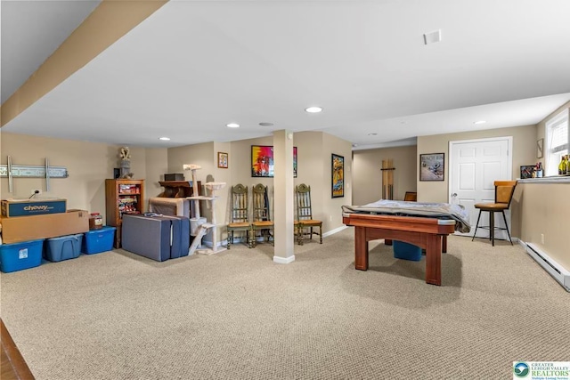 140 Birdie Way, Kunkletown, PA 18058 - recreation room featuring recessed lighting, carpet, pool table, a baseboard radiator, and baseboards