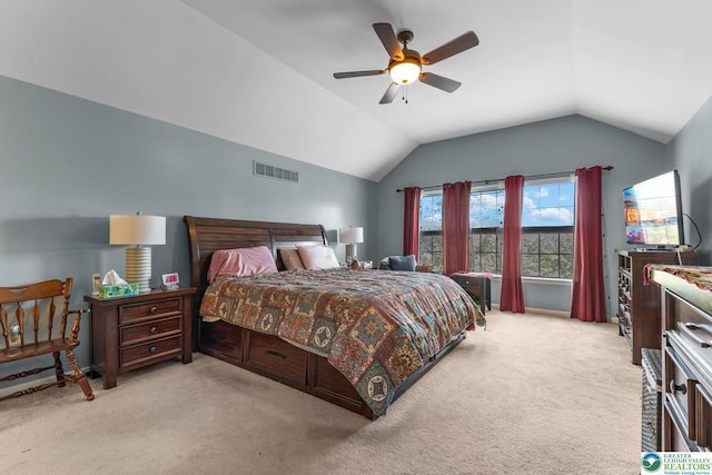 140 Birdie Way, Kunkletown, PA 18058 - bedroom featuring light carpet, lofted ceiling, and ceiling fan