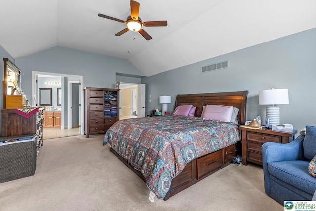 140 Birdie Way, Kunkletown, PA 18058 - bedroom featuring lofted ceiling, light carpet, connected bathroom, and a ceiling fan