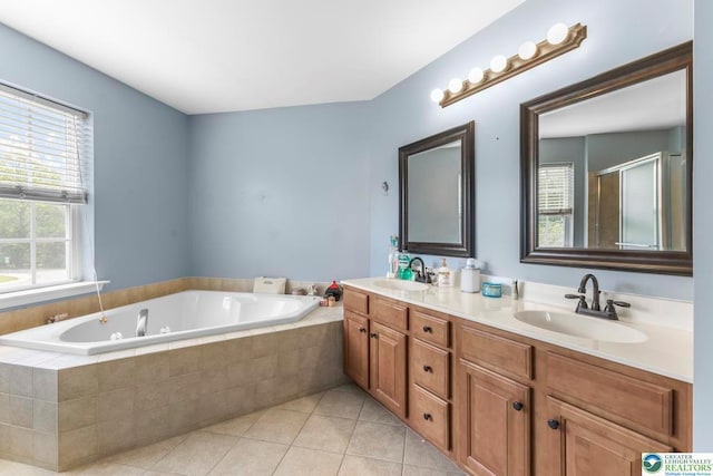 140 Birdie Way, Kunkletown, PA 18058 - bathroom with double vanity, a whirlpool tub, tile patterned floors, and a shower with door