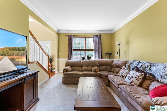 140 Birdie Way, Kunkletown, PA 18058 - living area featuring crown molding, light carpet, baseboards, and stairs