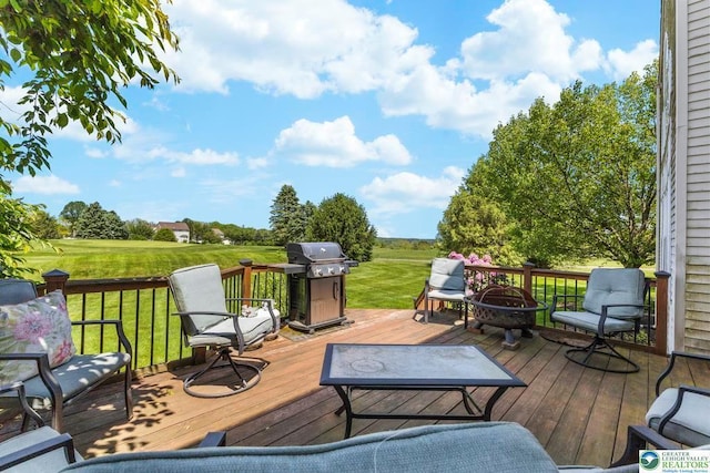 140 Birdie Way, Kunkletown, PA 18058 - wooden deck with a grill, an outdoor fire pit, and a lawn