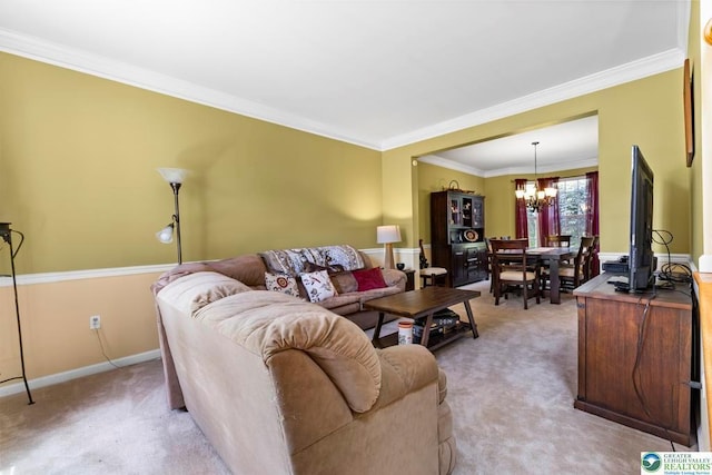 140 Birdie Way, Kunkletown, PA 18058 - living room featuring light colored carpet, a chandelier, ornamental molding, and baseboards