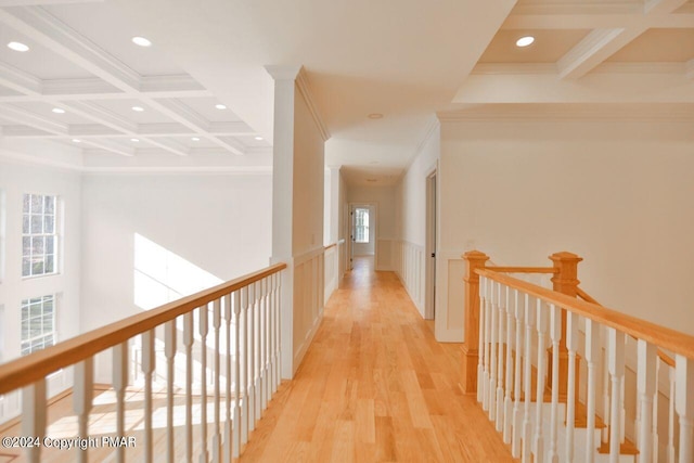 hallway featuring recessed lighting, coffered ceiling, beam ceiling, and light wood-style floors