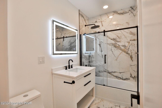 full bathroom with toilet, recessed lighting, bath / shower combo with glass door, vanity, and marble finish floor