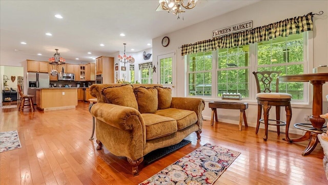 169 Roberts Rd, Starlight, PA 18461 - living room with a chandelier, light wood-style flooring, and recessed lighting