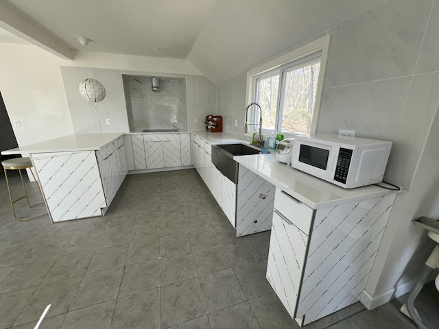 108 Devils Hole Rd, Cresco, PA 18326 - kitchen featuring light countertops, modern cabinets, a sink, white microwave, and a peninsula