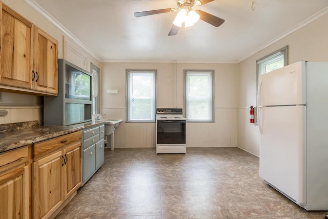 266 Laurel Rd, Lehighton, PA 18235 - kitchen with white appliances, wainscoting, crown molding, and ceiling fan