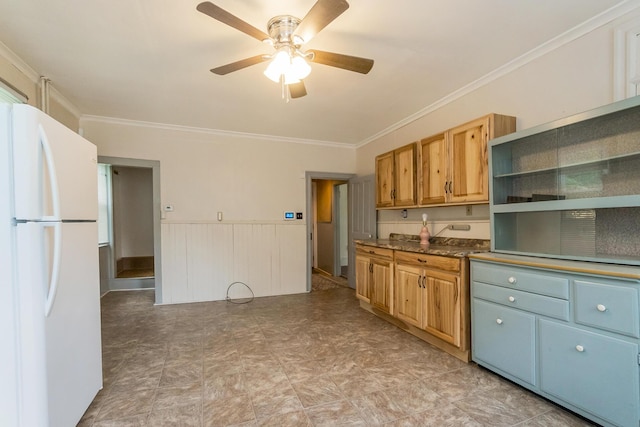 266 Laurel Rd, Lehighton, PA 18235 - kitchen featuring freestanding refrigerator, crown molding, ceiling fan, a wainscoted wall, and open shelves