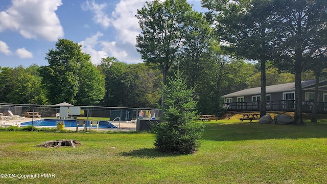 view of yard with fence and a fenced in pool