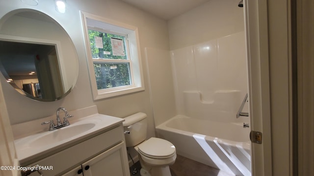 full bathroom with shower / bathing tub combination, vanity, and toilet