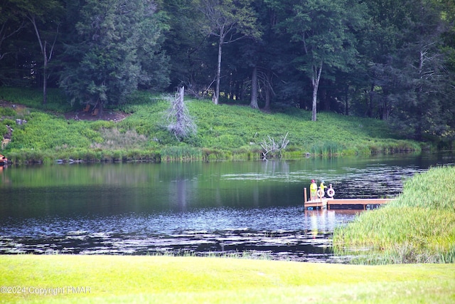 water view featuring a floating dock and a wooded view