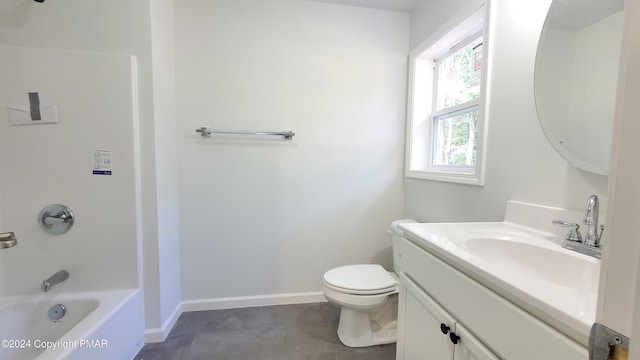 bathroom featuring tub / shower combination, toilet, vanity, and baseboards