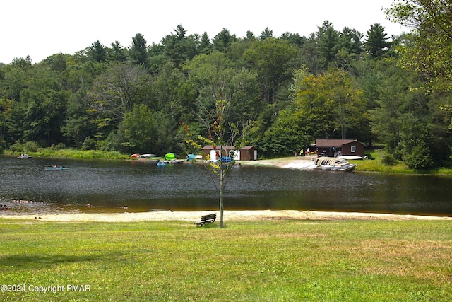 property view of water featuring a wooded view